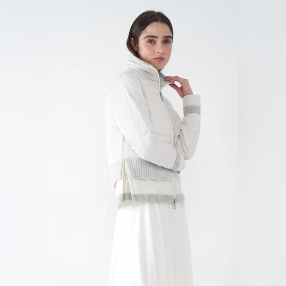 BRAND NEW Sosken Designer White Down Puffer Longline Fur Trim Jacket Coat L / XL